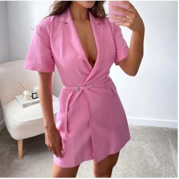 NWT Zara Linen Blend Blazer Mini Pink Dress Bloggers Favorite Barbiecore Size S - Picture 1 of 9
